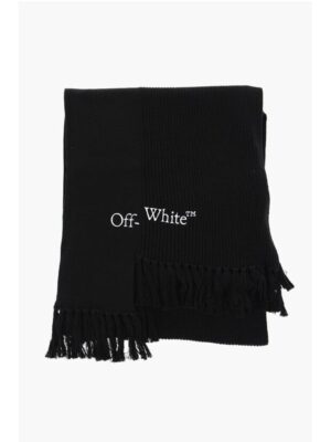 Off-White Asymmetrical Cotton and Cashmere Scarf with Fringes