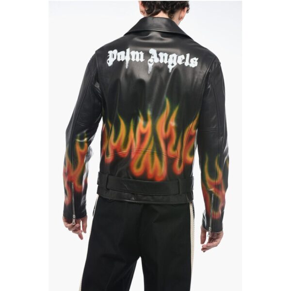 Palm Angels Leather BURNING Biker Jacket with Flames Motif - Image 2