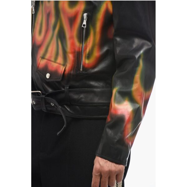 Palm Angels Leather BURNING Biker Jacket with Flames Motif - Image 3