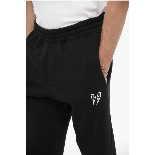 Neil Barrett Fleeced Cotton Blend Loose Fit Joggers with Thunderbolts Emb - Image 3