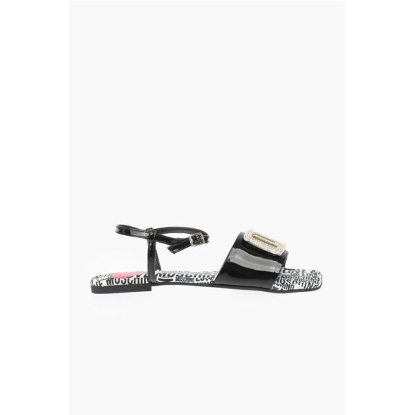 Moschino LOVE Patent Leather Flat Sandals with Logoed Jewel Detail - Image 3
