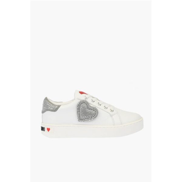 Moschino LOVE Low Top Leather Sneakers with Rhinestoned Details - Image 3