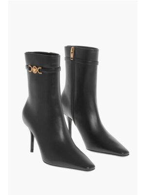 Versace Leather Booties with Logoed Strap and Stiletto Heel 9cm