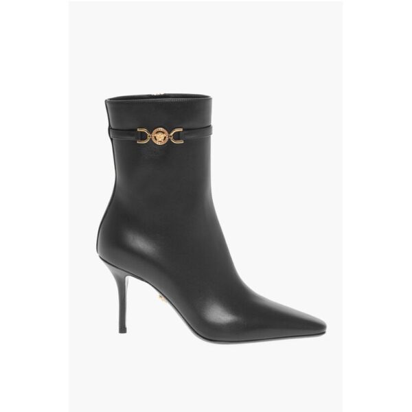 Versace Leather Booties with Logoed Strap and Stiletto Heel 9cm - Image 3