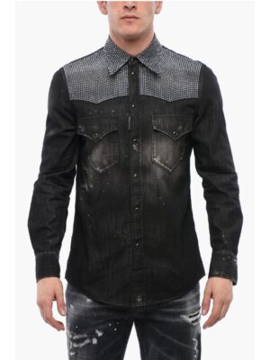 Dsquared² Distressed Denim Shirt with Rhinestones