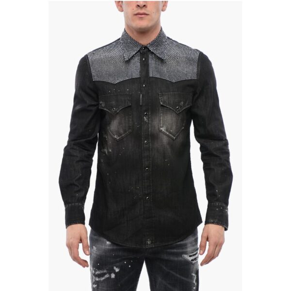 Dsquared² Distressed Denim Shirt with Rhinestones