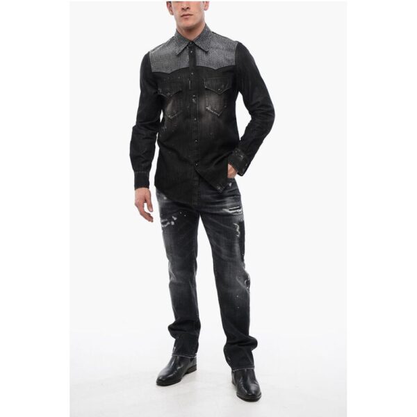 Dsquared² Distressed Denim Shirt with Rhinestones - Image 4