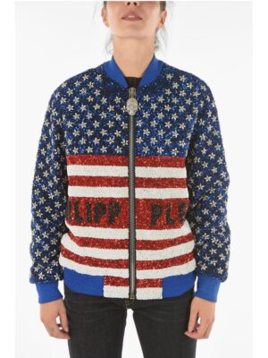 Philipp Plein COUTURE All-Over Sequine and Crystal AMERICA Bomber Jacket