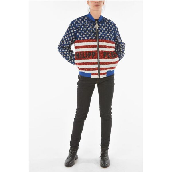 Philipp Plein COUTURE All-Over Sequine and Crystal AMERICA Bomber Jacket - Image 4