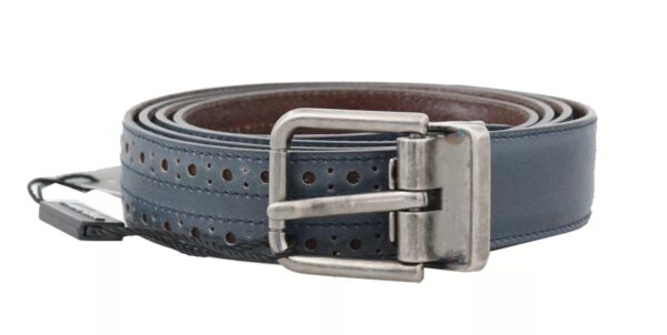 Dolce & Gabbana Blue Perforated Leather Gray Buckle Belt - Image 2