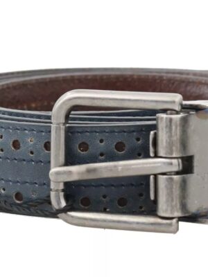 Dolce & Gabbana Blue Perforated Leather Gray Buckle Belt