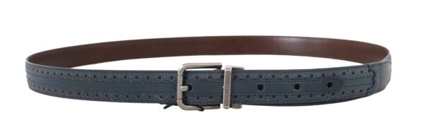 Dolce & Gabbana Blue Perforated Leather Gray Buckle Belt - Image 5