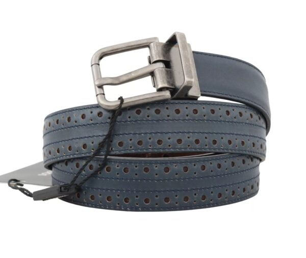 Dolce & Gabbana Blue Perforated Leather Gray Buckle Belt - Image 6