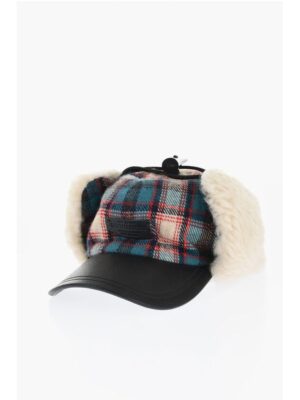Dsquared² Checked Wool Blend Deerstalker Hat with Textured Leater Viso