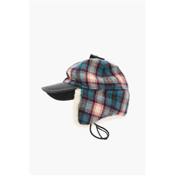 Dsquared² Checked Wool Blend Deerstalker Hat with Textured Leater Viso - Image 3