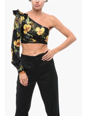 Philipp Plein COUTURE Floral Patterned Silk One-Shoulder Crop Top with Bow
