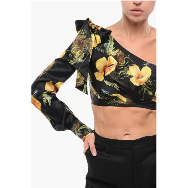 Philipp Plein COUTURE Floral Patterned Silk One-Shoulder Crop Top with Bow - Image 3