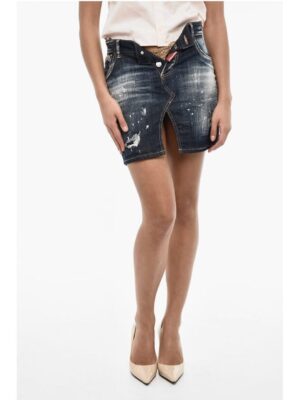 Dsquared² Vintage Effect Denim Mini Skirt with Frontal Split