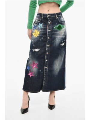 Dsquared² Denim Maxi Skirt With Metallic Leather Patches