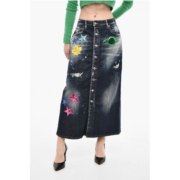 Dsquared² Denim Maxi Skirt With Metallic Leather Patches