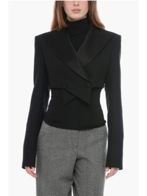 LaQuan Smith Crossed Cropped Blazer with Satin Lapel