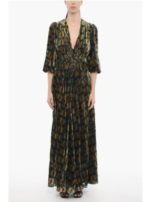 La Double J Velvet CAMERINO Maxi Dress with Front Buttoning
