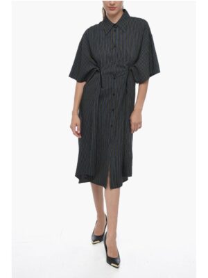 Maison Margiela MM6 Single-pleated Cotton Shirt Dress with Balanced Stripe M