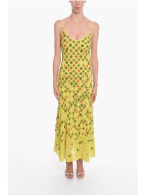 Bottega Veneta Viscose-crochet Flared Dress with Beaded Floral Motif